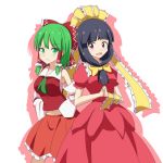  2girls alternate_hairstyle black_hair bow cato_(monocatienus) cosplay costume_switch cravat detached_sleeves front_ponytail frown green_eyes green_hair hair_bow hair_ribbon hair_tubes hairstyle_switch hakurei_reimu hakurei_reimu_(cosplay) hands_clasped hands_in_sleeves hands_on_hips kagiyama_hina kagiyama_hina_(cosplay) looking_at_viewer multiple_girls open_mouth puffy_short_sleeves puffy_sleeves red_eyes ribbon sarashi shadow short_sleeves simple_background skirt skirt_set touhou white_background wrist_ribbon 