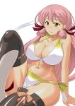  1girl :p akashi_(kantai_collection) bandana bikini blush breasts cleavage green_eyes hair_ribbon highres jewelry kantai_collection large_breasts long_hair looking_at_viewer midriff pink_hair ribbon ring smile solo swimsuit tan tanline thigh-highs tongue tongue_out tress_ribbon twintails yohinori 