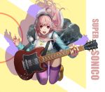  1girl breasts electric_guitar emp_(tcrp0423) guitar headphones instrument large_breasts long_hair looking_at_viewer nitroplus open_mouth pink_hair pom_pom_(clothes) red_eyes smile solo super_sonico thigh-highs 