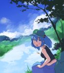  1girl backpack bag bare_shoulders blue_eyes blue_hair blue_sky blush cattail clouds cloudy_sky eyebrows forest grass hair_bobbles hair_ornament hat heiya kawashiro_nitori looking_at_viewer mole mole_under_eye mountain nature plant pocket river scenery sitting skirt sky sleeveless solo sweat sweatdrop tank_top thick_eyebrows touhou tree water 