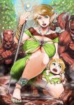  anklet blonde_hair breasts child cleavage comic ear_piercing elf green_eyes highres jewelry mokuzou necklace piercing pixiv_fantasia pixiv_fantasia_fallen_kings pointy_ears sandals staff wristlet 