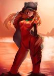  1girl animal_hat blue_eyes cat_hat evangelion:_3.0_you_can_(not)_redo eyepatch hat highres long_hair looking_at_viewer neon_genesis_evangelion orange_hair partially_submerged plugsuit ray_(nagaseray) rebuild_of_evangelion shikinami_asuka_langley solo souryuu_asuka_langley track_jacket 