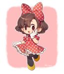  1girl black_legwear blush bow brown_eyes brown_hair chibi disney dress gloves hair_bow kiri_futoshi minnie_mouse open_mouth pantyhose personification pink_background signature simple_background smile solo source_request twitter_username white_gloves 