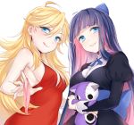  2girls :q ahoge apfl0515 artist_name blonde_hair blue_eyes breasts dress fingernails juliet_sleeves long_hair long_sleeves looking_at_viewer multicolored_hair multiple_girls panties panties_removed panty_&amp;_stocking_with_garterbelt panty_(psg) pink_hair pink_panties puffy_sleeves purple_hair red_dress sleeveless sleeveless_dress smile stocking_(psg) stuffed_animal stuffed_toy tongue tongue_out two-tone_hair underwear 