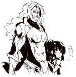  1boy 1girl abs auru_t copyright_request hug long_hair monochrome muscle size_difference smile tales_of_(series) translation_request 