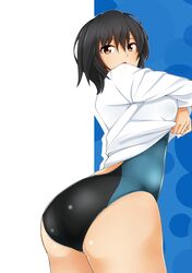  1girl amagami ass black_hair brown_eyes competition_swimsuit kishida-shiki nanasaki_ai one-piece_swimsuit short_hair solo swimsuit swimsuit_under_clothes 