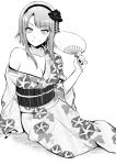  1girl breasts cleavage collarbone dagashi_kashi fan hairband japanese_clothes kimono koto_(coto) looking_at_viewer monochrome nail_polish off_shoulder shidare_hotaru sitting smile solo 