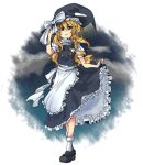  1girl auru_t blonde_hair braid full_body hat kirisame_marisa petticoat skirt skirt_lift solo standing touhou witch_hat yellow_eyes 