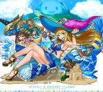  3boys 3girls :d anne_&amp;_mary_(p&amp;d) awilda_(p&amp;d) bartholomew_(p&amp;d) beach bikini blackbeard_(p&amp;d) blonde_hair blue_bikini blue_eyes breasts captain_kidd_(p&amp;d) chibi cleavage dragon hat high_heels highres hino_shinnosuke large_breasts long_hair multiple_boys multiple_girls official_art open_mouth pirate_hat puzzle_&amp;_dragons sand_castle sand_sculpture simple_background sitting smile solo_focus star surfboard swimsuit tamadra water waves white_background 