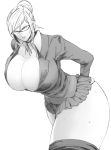  1girl breasts cleavage gigantic_breasts glasses hand_on_hip kangoku_gakuen looking_at_viewer shiraki_meiko simple_background solo sweat thick_thighs thighs white_background yazakc 