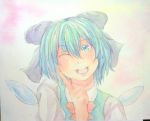  acrylic_paint_(medium) blue_eyes blue_hair bow cirno eyelashes graphite_(medium) hair_bow ice ice_wings one_eye_closed open_mouth short_hair teeth touhou traditional_media upper_body watercolor_(medium) wings yuyu_(00365676) 