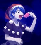  1girl blob blue_eyes blue_hair doremy_sweet dress eating hat highres nightcap open_mouth otama_(jcts) pom_pom_(clothes) short_hair solo touhou 