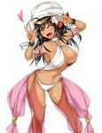  1girl ^_^ arabian_clothes armband armpits bare_shoulders black_hair blush bracelet breasts closed_eyes dancer dark_skin double_v fang hat heart jewelry kappamaru large_breasts long_hair navel o-ring_bikini open_mouth revealing_clothes sarong smile solo tagme v white_background wristband 