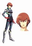  1girl bodysuit brown_eyes brown_hair concept_art earrings hand_on_hip highres jewelry konami lips looking_at_viewer pilot_suit short_hair simple_background smile viola_guines zone_of_the_enders 