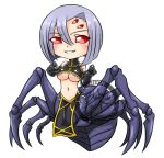  1girl arachne blackgeneride breasts carapace chibi claws elbow_gloves extra_eyes full_body gloves grin insect_girl lavender_hair monster_girl monster_musume_no_iru_nichijou multiple_legs navel pelvic_curtain rachnera_arachnera red_eyes signature simple_background smile solo spider_girl under_boob white_background 