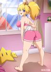  1girl blonde_hair blue_eyes commentary crown doctorzexxck highres super_mario_bros. princess_peach shorts tagme 