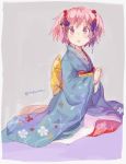  1girl alternate_costume flower hair_flower hair_ornament japanese_clothes kaname_madoka kimono mahou_shoujo_madoka_magica miu_pachi pink_eyes pink_hair seiza short_hair short_twintails sitting twintails 