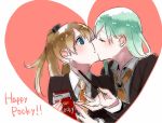  2girls aqua_hair blue_eyes blush brown_hair closed_eyes collar english heart heart_background highres holding holding_food kantai_collection kiss kumano_(kantai_collection) multiple_girls necktie pocky pocky_day shuu-0208 suzuya_(kantai_collection) yuri 