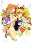  1girl alternate_hairstyle braid floral_background flower full_body hair_ornament hair_ribbon highres horn_ribbon horns ibuki_suika long_hair looking_at_viewer one-piece_swimsuit one_eye_closed open_mouth orange_hair ribbon sandals school_swimsuit smile solo swimsuit touhou twin_braids xian_mi yellow_eyes 