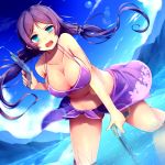  1girl bikini breasts dual_wielding green_eyes kumashou_(nabeyama_kaidou) large_breasts long_hair love_live!_school_idol_project open_mouth purple_hair solo swimsuit toujou_nozomi twintails wading water_gun 