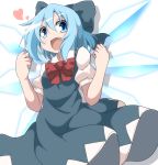  1girl :d blue_eyes blue_hair blush bow cirno do_(4-rt) dress fang fist_pump hair_bow heart ice ice_wings jumping large_bow looking_at_viewer open_mouth smile solo touhou wings 