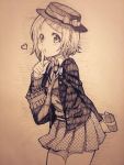  1girl aebj finger_to_mouth gift hat heart mahou_shoujo_madoka_magica miki_sayaka monochrome necktie polka_dot short_hair sketch skirt traditional_media 