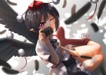 1girl absurdres black_hair black_wings boots camera cross-laced_footwear feathers hat highres ktzw_(kitazawa1823) looking_at_viewer pointy_ears pom_pom_(clothes) red_eyes shameimaru_aya short_hair simple_background sitting solo tokin_hat touhou wings 