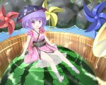  1girl :d barefoot blush bowl_hat bucket feet food fruit gplnbeat highres in_bucket in_container japanese_clothes kimono legs minigirl obi open_mouth partially_submerged pinwheel purple_hair sash see-through short_hair sitting sleeves_rolled_up smile solo sukuna_shinmyoumaru toes touhou violet_eyes watermelon 