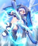  1girl blue_hair bow effole_(fairy_fencer_f) eyepatch fairy_fencer_f fighting_stance hooded_jacket hoodie lens long_hair mizunashi_(second_run) red_eyes skirt snowflakes weapon 