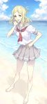  1girl :d barefoot beach bird blonde_hair blue_sky chilhoo88 clouds collarbone full_body grey_skirt hand_on_hip hand_on_own_face looking_at_viewer love_live!_school_idol_project love_live!_sunshine!! neckerchief ocean ohara_mari open_hand open_mouth pleated_skirt sand school_uniform serafuku shirt short_hair short_sleeves skirt sky sleeve_cuffs smile solo tie_clip water white_shirt yellow_eyes 