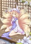  1girl animal_ears barefoot blonde_hair blush dress flower fox_ears fox_tail full_body ging1993 hat highres long_sleeves looking_at_viewer mob_cap multiple_tails petals short_hair sitting solo tabard tail touhou white_dress wide_sleeves yakumo_ran yellow_eyes 