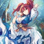  1girl album_cover arm_up blush breasts bubbles cleavage coin cover dress fal_maro flower hair_bobbles hair_ornament looking_at_viewer obi onozuka_komachi open_mouth puffy_sleeves red_eyes redhead sash scythe short_sleeves solo spider_lily touhou twintails underwater wrist_cuffs 