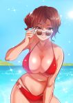  1girl adjusting_glasses bare_shoulders bikini breasts brown_eyes brown_hair collarbone commentary_request glasses highres large_breasts meiko midriff navel noboes o-ring_bottom red_bikini short_hair side_ponytail smile standing sunglasses swimsuit vocaloid 