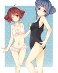  2girls bikini blue_hair blush breasts drill_hair highres multiple_girls one-piece_swimsuit one_eye_closed red_eyes redhead sherypton small_breasts smile swimsuit 