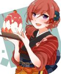  1girl :d flower hair_flower hair_ornament japanese_clothes kimono love_live!_school_idol_project nishikino_maki obi open_mouth ponytail purin_(purin0) redhead sash shaved_ice smile solo tomato upper_body violet_eyes 
