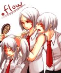  .flow 1girl 2boys artist_request bangs brush commentary_request copyright_name hair_brushing hand_on_another&#039;s_shoulder holding kaibutsu multiple_boys necktie open_mouth school_uniform sidelocks silver_hair simple_background smile sweatdrop tongue tongue_out white_background 