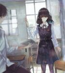  1boy 1girl absurdres bangs belt black_eyes black_hair book chair desk glass highres medium_hair original pantyhose pleated_skirt revision sakura_inu_(itoyatomo) school_chair school_desk school_uniform shoes shoes_removed sitting skirt solo_focus 