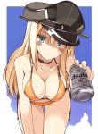  1girl alcohol beer bikini bismarck_(kantai_collection) blonde_hair blue_eyes blush breasts can cleavage clouds giving hat highres kantai_collection leaning_forward long_hair looking_at_viewer oota_yuuichi orange_bikini peaked_cap sky solo swimsuit 