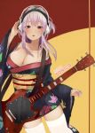  1girl breasts cleavage electric_guitar guitar headphones hyan instrument japanese_clothes kimono large_breasts long_hair looking_at_viewer nitroplus open_mouth pink_eyes pink_hair sash short_kimono solo super_sonico thigh-highs 