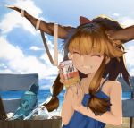  1girl alternate_costume alternate_hairstyle bare_shoulders blue_sky blush bottle bucket closed_eyes clouds grin hair_ornament hair_ribbon horns ibuki_suika kinketsu orange_hair ponytail ribbon shirt sky sleeveless smile solo sweat touhou upper_body 