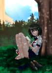  1girl barefoot black_hair blue_eyes book grass hair_ornament hairclip highres legs loafers okenokoneko original paper_cup pleated_skirt school_uniform shoes shoes_removed short_hair short_sleeves sitting skirt sky socks_removed solo toes tree 