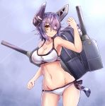  1girl bikini breasts cleavage eyepatch headgear kantai_collection looking_at_viewer midriff navel personification purple_hair smile solo sumapan swimsuit tenryuu_(kantai_collection) yellow_eyes 