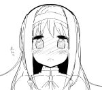  1girl akemi_homura blush embarrassed hairband long_hair looking_at_viewer mahou_shoujo_madoka_magica monochrome muhogame solo 