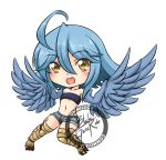 1girl :d ahoge bandeau blackgeneride blue_hair blue_wings chibi feathered_wings full_body harpy highres monster_girl monster_musume_no_iru_nichijou navel open_mouth papi_(monster_musume) scales short_shorts shorts signature simple_background small_breasts smile solo talons white_background wings yellow_eyes 