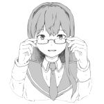  1girl :d adjusting_glasses bangs glasses greyscale hairband kantai_collection long_hair looking_at_viewer monochrome nebsok necktie ooyodo_(kantai_collection) open_mouth school_uniform serafuku smile solo upper_body 