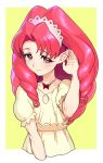  1girl akagi_towa curly_hair female go!_princess_precure hairband jewelry long_hair moudoku_(decopon3rd) necklace pointy_ears precure red_eyes redhead shirt solo yellow_background 