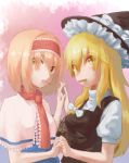 2girls alice_margatroid artist_request blonde_hair bow brown_eyes cookie eyes_visible_through_hair food frills hair_bow hat hat_bow headband highres holding_hands kirisame_marisa mouth_hold multiple_girls orange_hair puffy_sleeves short_sleeves touhou 