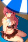  1girl absurdres alternate_hairstyle beach beach_towel bikini bikini_skirt blue_eyes breasts brown_bikini cup drinking from_above front-tie_top highres large_breasts long_hair looking_at_viewer megurine_luka midriff noboes off_shoulder pink_hair ponytail sand side-tie_bikini sitting solo swimsuit towel vocaloid 
