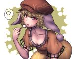  1girl ? animal_ears bent_over blonde_hair breasts bunny_tail cleavage collarbone dango downblouse food hat looking_at_viewer miata_(pixiv) open_mouth pants rabbit_ears red_eyes ringo_(touhou) shirt short_hair short_sleeves small_breasts solo speech_bubble striped tail touhou wagashi 