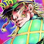  1boy blonde_hair bow cogdis crosshatching diego_brando dmr-elk hat highres jojo_no_kimyou_na_bouken male_focus multicolored_background solo steel_ball_run strap turtleneck 